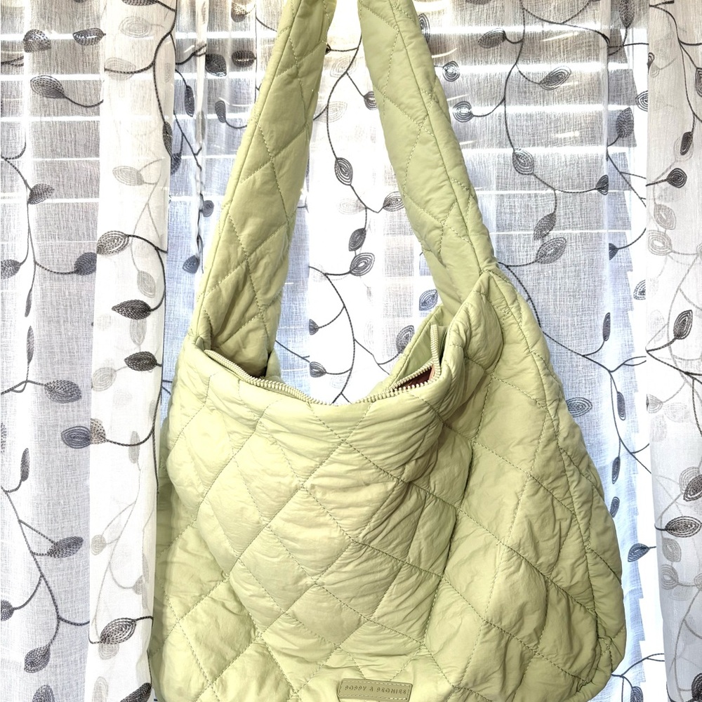 Poppy & Peonies Quilted Hobo Tote Bag with Matching Cosmetic Case-Mint Green